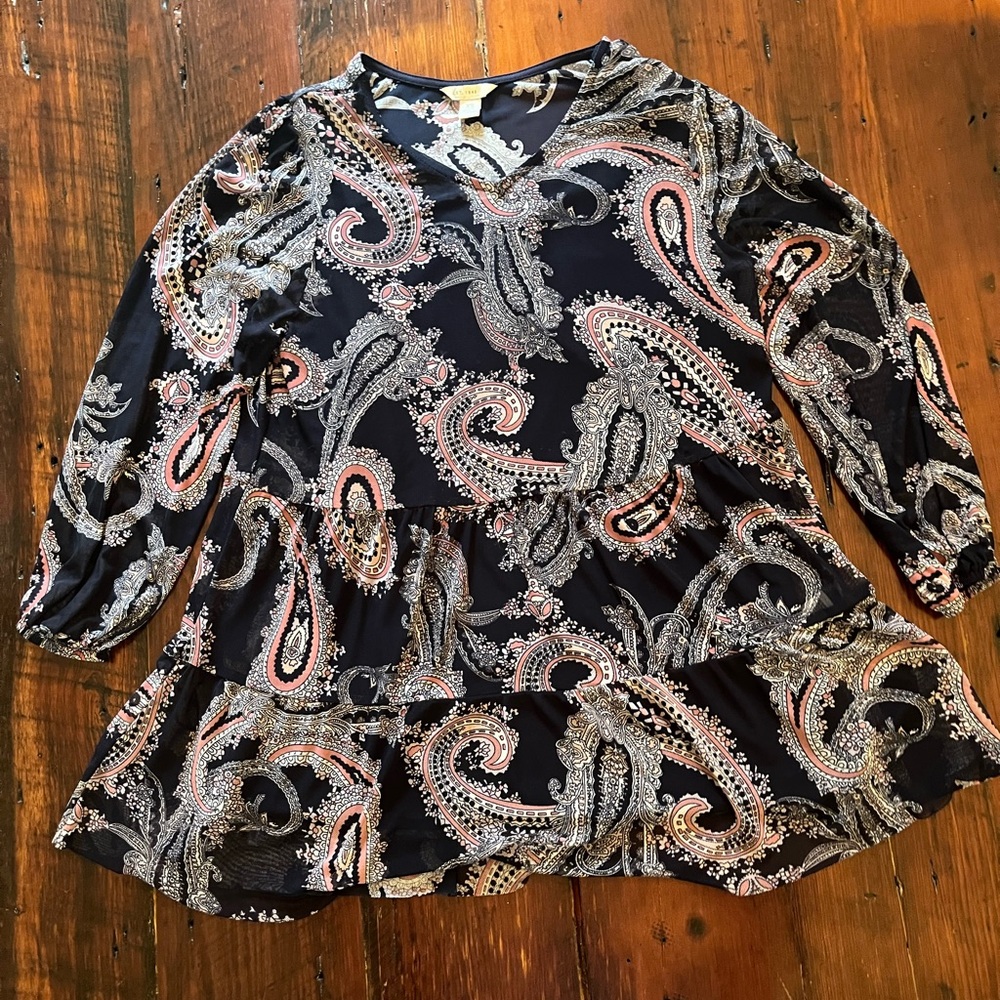 EST. 1946 Navy Paisley Print 3/4 Sleeve Sheer Blouse with navy tank underneath